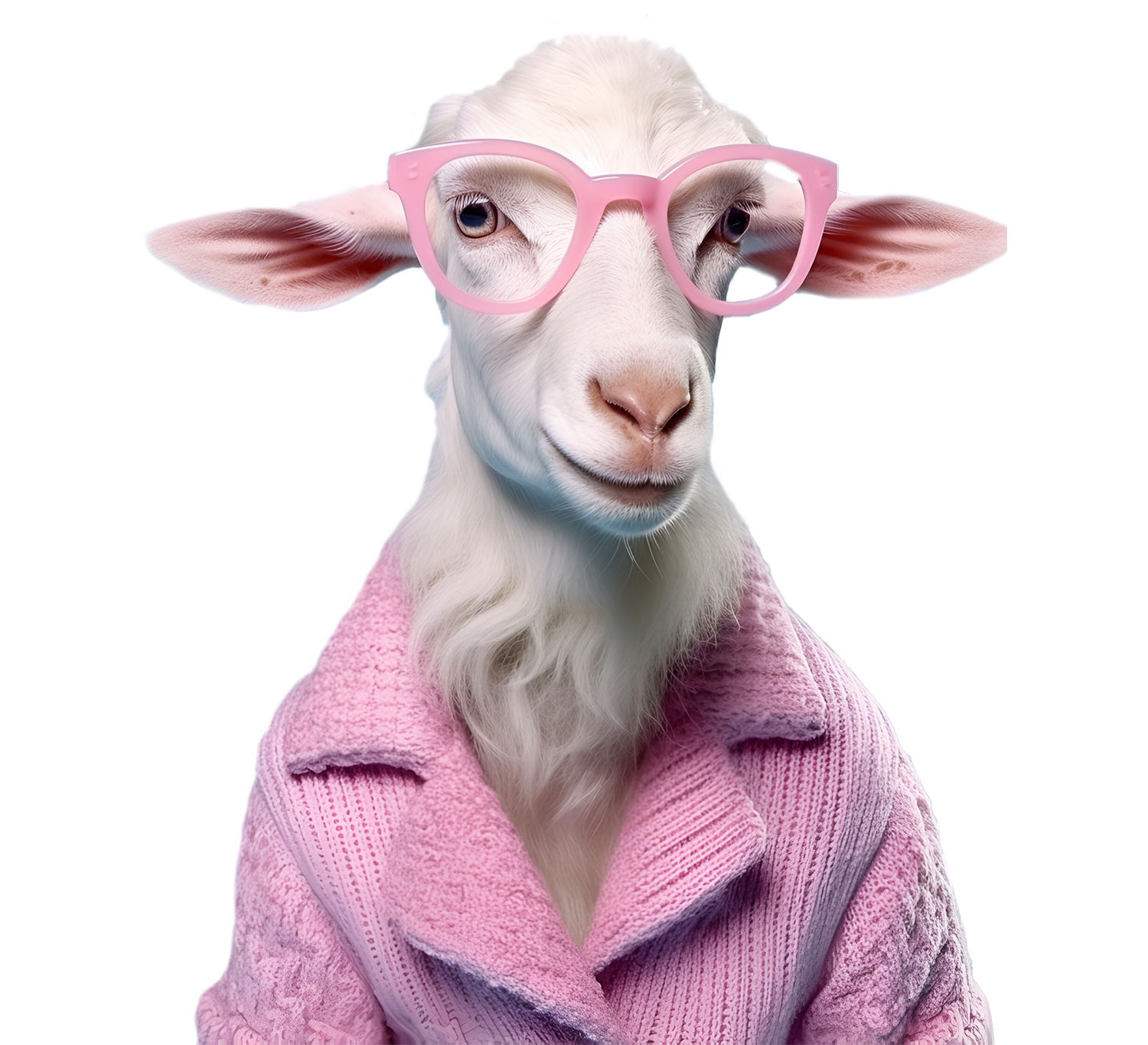Goat with pink jacket and glasses